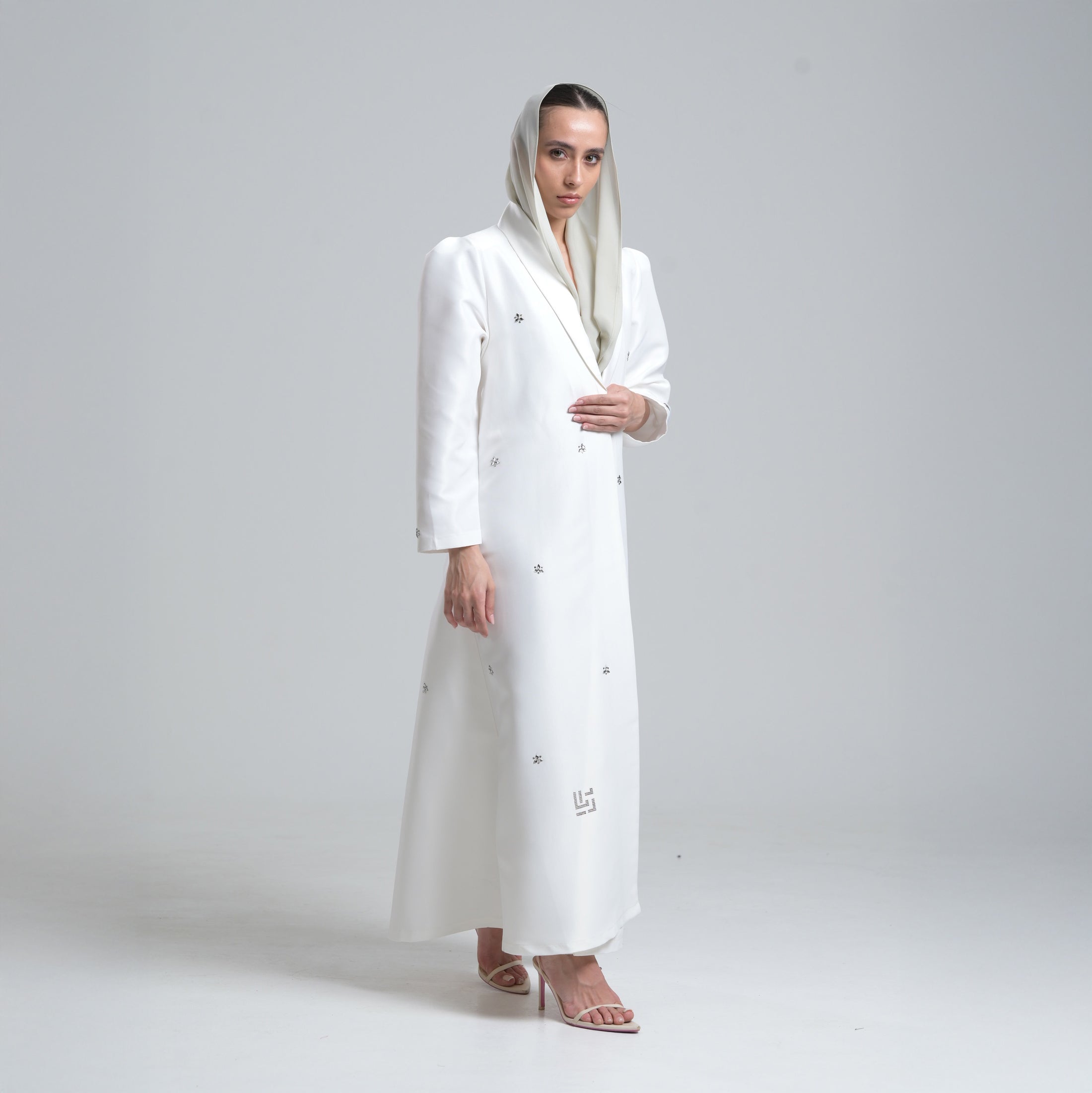White Kianna abaya adorned with Swarovski crystals