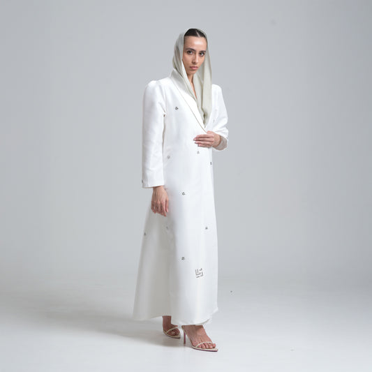 White Kianna abaya adorned with Swarovski crystals